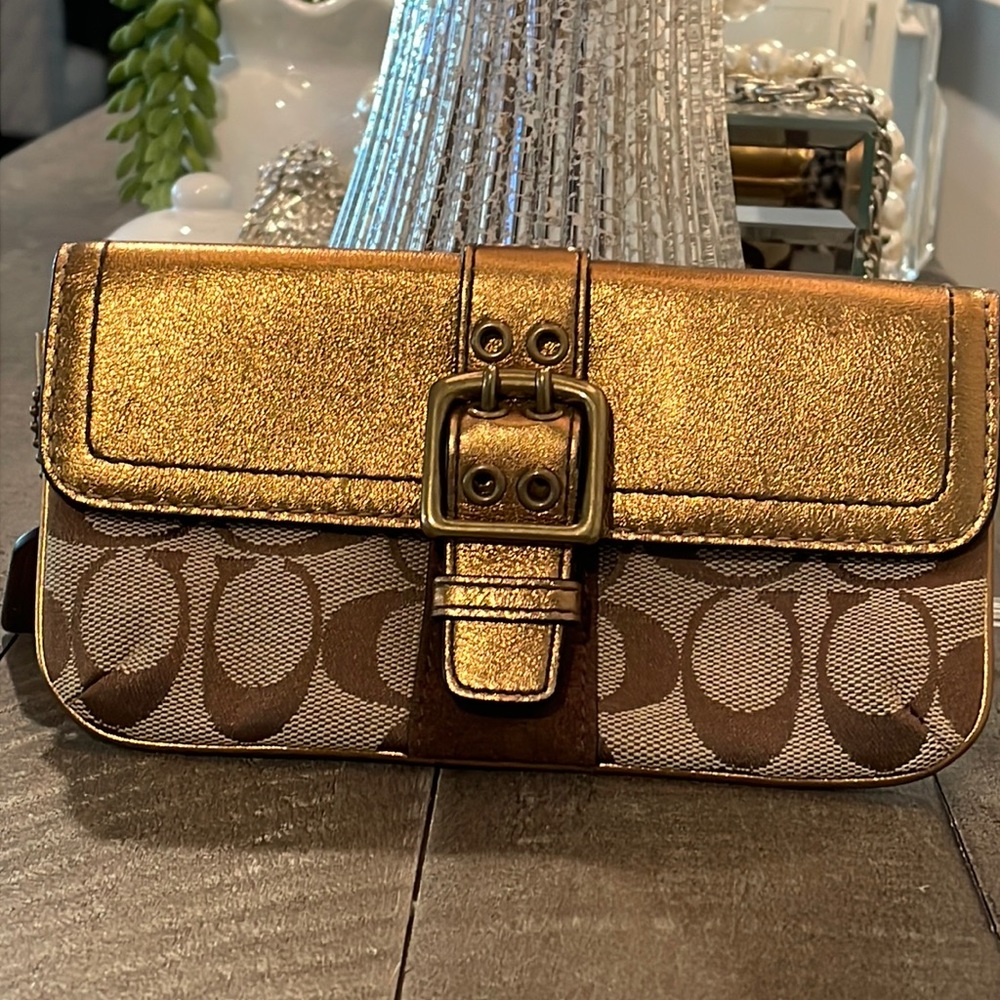 Coach Brown and Bronze Gold Pouchette or Wallet